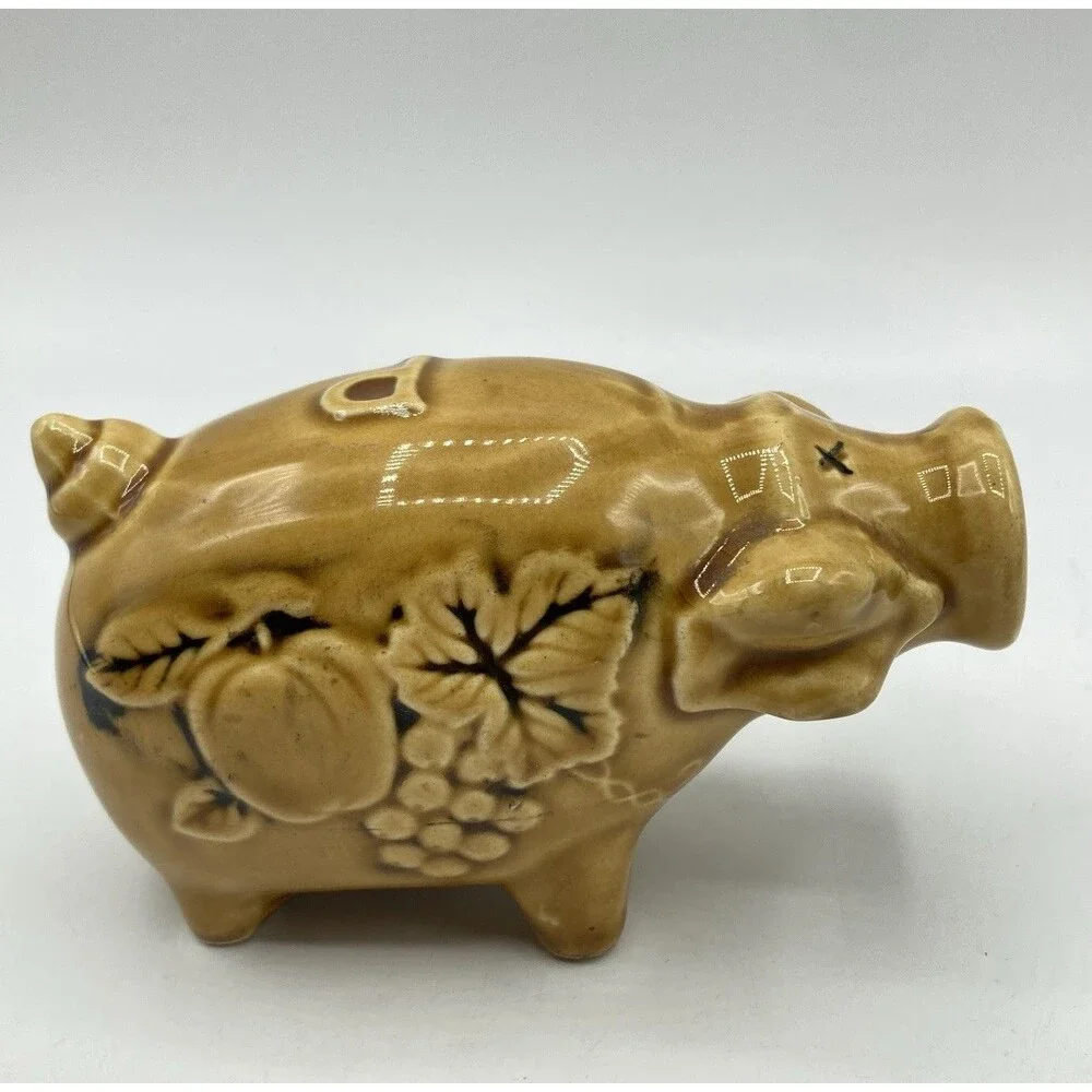 Vintage Enesco Japan Pig Salt & Pepper Shakers Harvest Gold Apple Grapes Ceramic
